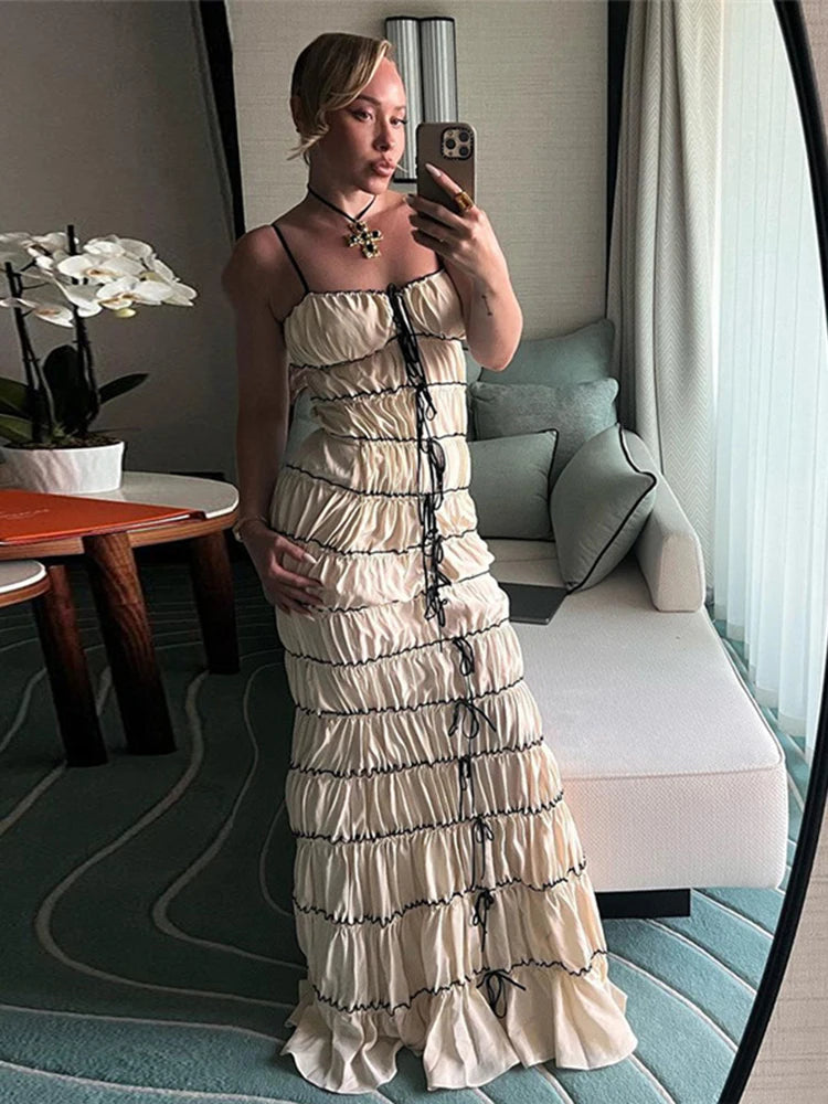 Aiertu  -  Elegant Pleated Lace Up Spaghetti Strap Dress For Women Backless Summer Beach Vacation Camisole Maxi Dress Female Fashion Aiertu
