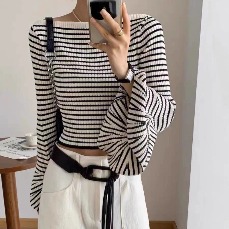 Aiertu  -  Women Classic Chic Striped Flare Sleeve Knit Top Frenchy Style Off Shoulder Oufit Fall Winter Knitwear Aiertu