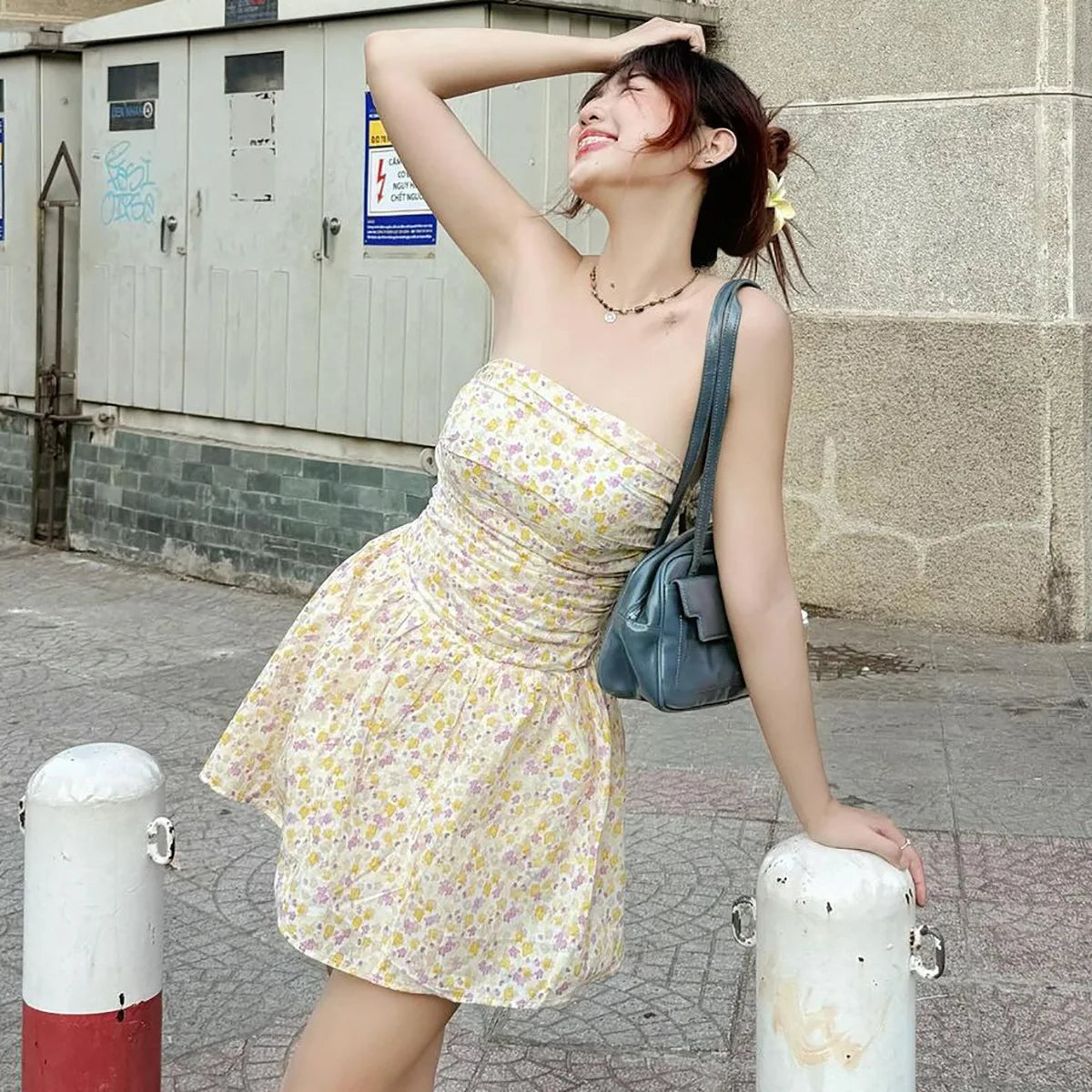 Aiertu  -  One-Shoulder Slim Strapless Print Dress For Women High Waisted Sleeveless Backless Fashion Sweet Summer New Ruched Dress Aiertu
