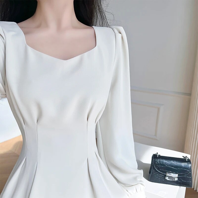 Aiertu Vintage White Midi Dresses for Women New Autumn Elegant Fashion Square Neck Long Sleeves Bride Wed Female Clothing Aiertu