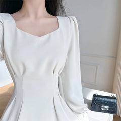 Aiertu Vintage White Midi Dresses for Women New Autumn Elegant Fashion Square Neck Long Sleeves Bride Wed Female Clothing Aiertu