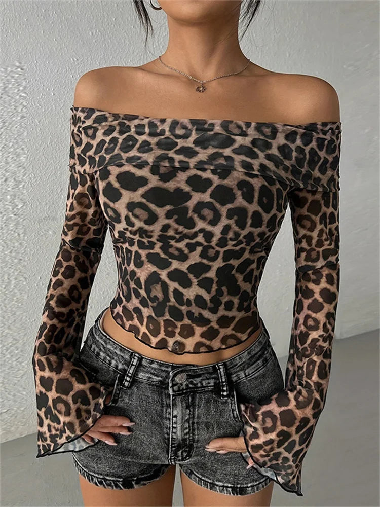 Aiertu  -  Leopard Printed Mesh T-shirt Top For Women Off-Shoulder Long Sleeve Cropped Y2k Top Pullover Contrast Female Slim Tee 2026 Aiertu