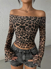 Aiertu  -  Leopard Printed Mesh T-shirt Top For Women Off-Shoulder Long Sleeve Cropped Y2k Top Pullover Contrast Female Slim Tee 2026 Aiertu