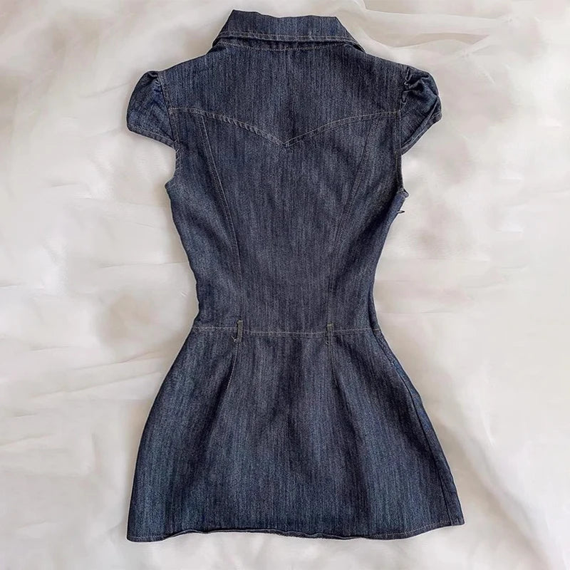 Aiertu  -  Spicy Girl Retro Denim Dress 2025 Summer Y2k Short Sleeve Button Streetwear Fashion Slim Fit Short Dresses Women's Mini Skirt Aiertu