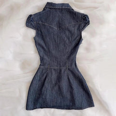 Aiertu  -  Spicy Girl Retro Denim Dress 2025 Summer Y2k Short Sleeve Button Streetwear Fashion Slim Fit Short Dresses Women's Mini Skirt Aiertu