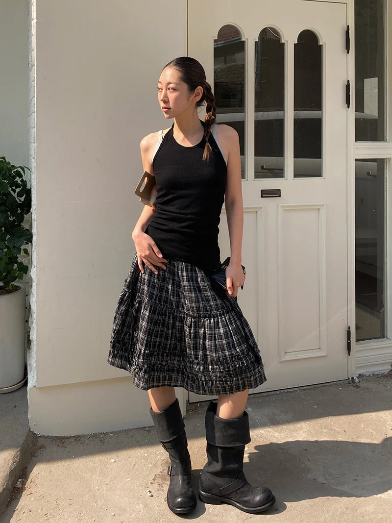Aiertu  -  Vintage Plaid Mini Skirt Women Japanese Harajuku Ruffles Patchwork Black Skirts Summer High Waist Casual A Line Faldas New Aiertu