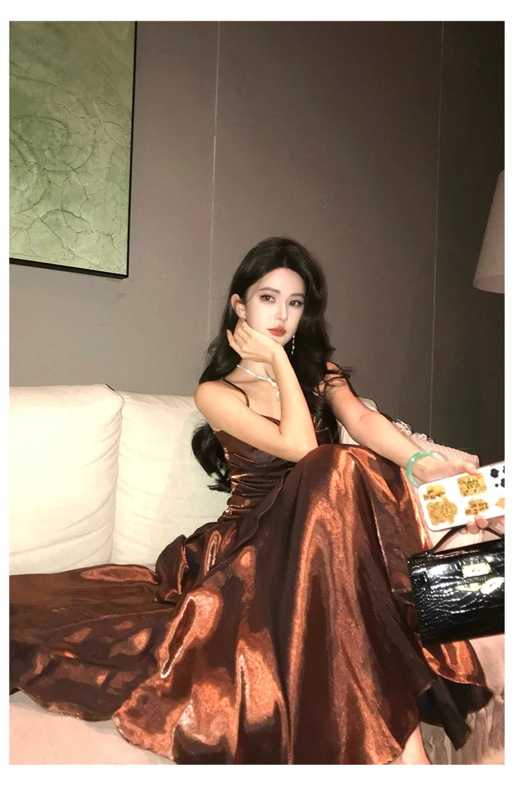 Aiertu  Vintage Long Dress Women Party Prom Sexy Spaghetti Strap Maxi Dresses Elegant Ruffles Robe Summer Korean Bodycon Vestidos Aiertu