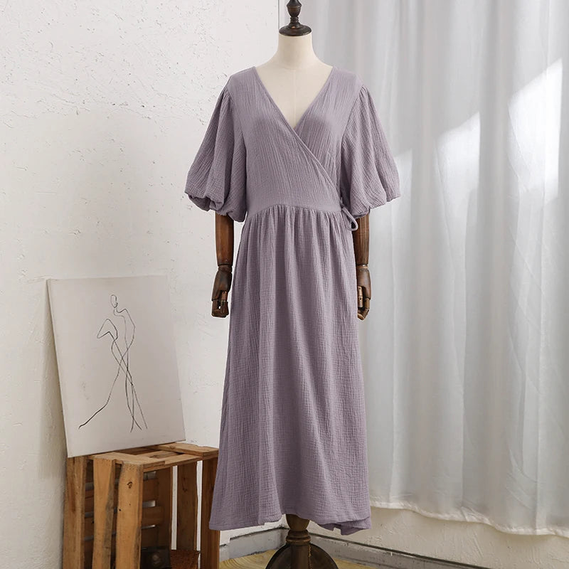 Aiertu  -   Gauze Long Dress For Women Sexy V-Neck Sweet Puff Sleeve Bandage Chic Elegant Party Beach Sundress Aiertu