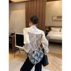 Aiertu  Elegant Shirts Women Vintage Sexy Lace Backless Bandage Blouses Summer Korean Hollow Out Long Sleeve Design Casual Tops Aiertu
