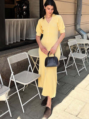 Aiertu  Yellow Knit Single Breasted Dress Women Summer Puff Short Sleeves Long Dresses Female 2025 Loose Turndown Collar Lady Robe Aiertu
