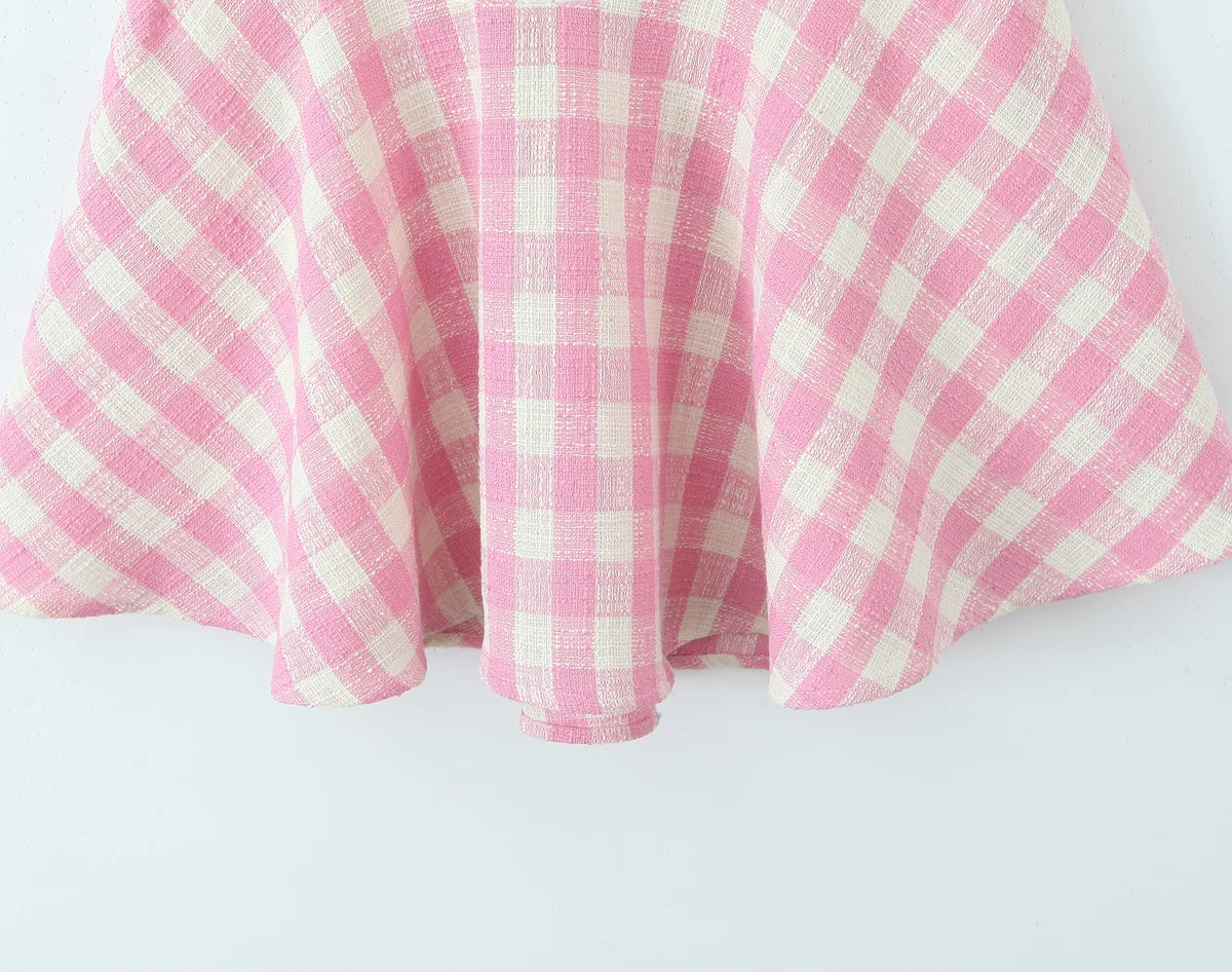 Aiertu  -  Sexy Gingham Pink Plaid Spliced Wood ears Lace Halter Dress Women V neck Slim Low Waist Swing Ball Gown Short Dresses Robe Aiertu