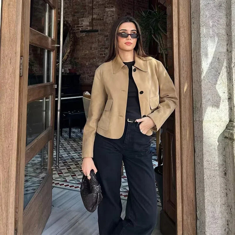 Aiertu  -  Vintage Faux Suede Lapel Jackets Women Loose Single Breasted  Pockets Long Sleeve Coats 2026 Autumn New Lady Chic Tops Outwear Aiertu