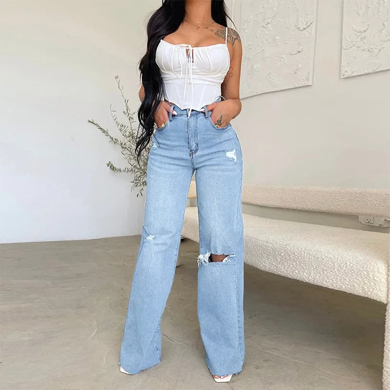 Aiertu  -  Women's Denim Pants 2026 Summer Fashion High Waisted Handmade Frayed Edge Wide Leg Pants Streetwear Ripped Baggy Jeans Aiertu