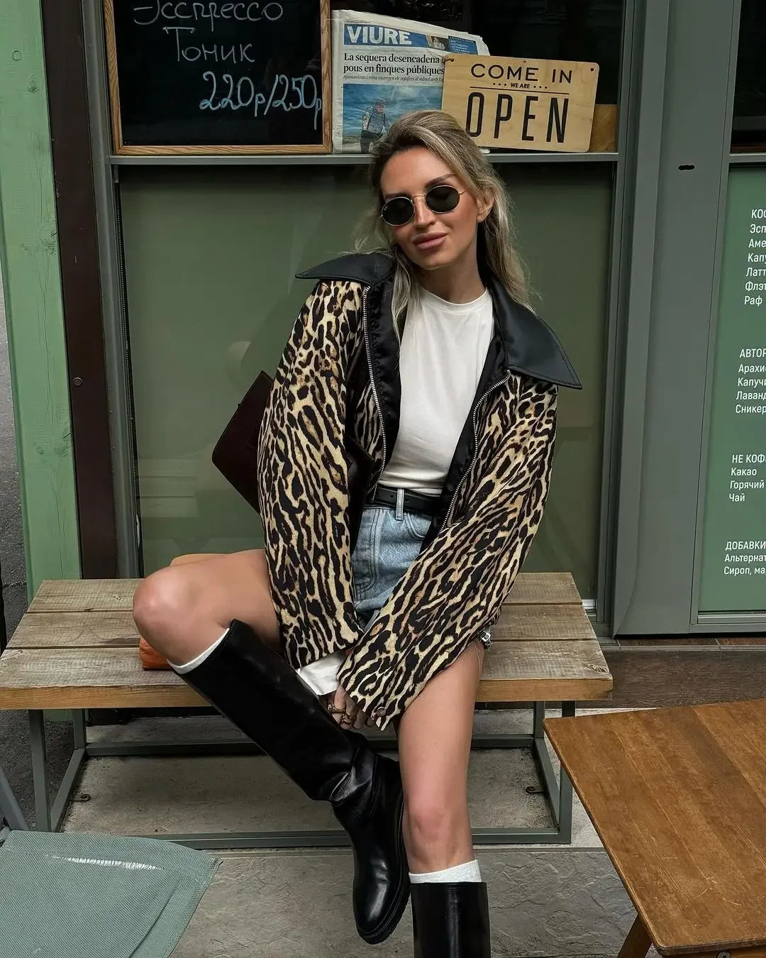 Aiertu  -  Women's Casual Leopard Printed Leather Lapel Patchwork Jacket Chic Zipper Long Sleeve Short Slim Coat 2026 Lady High Streetwear Aiertu