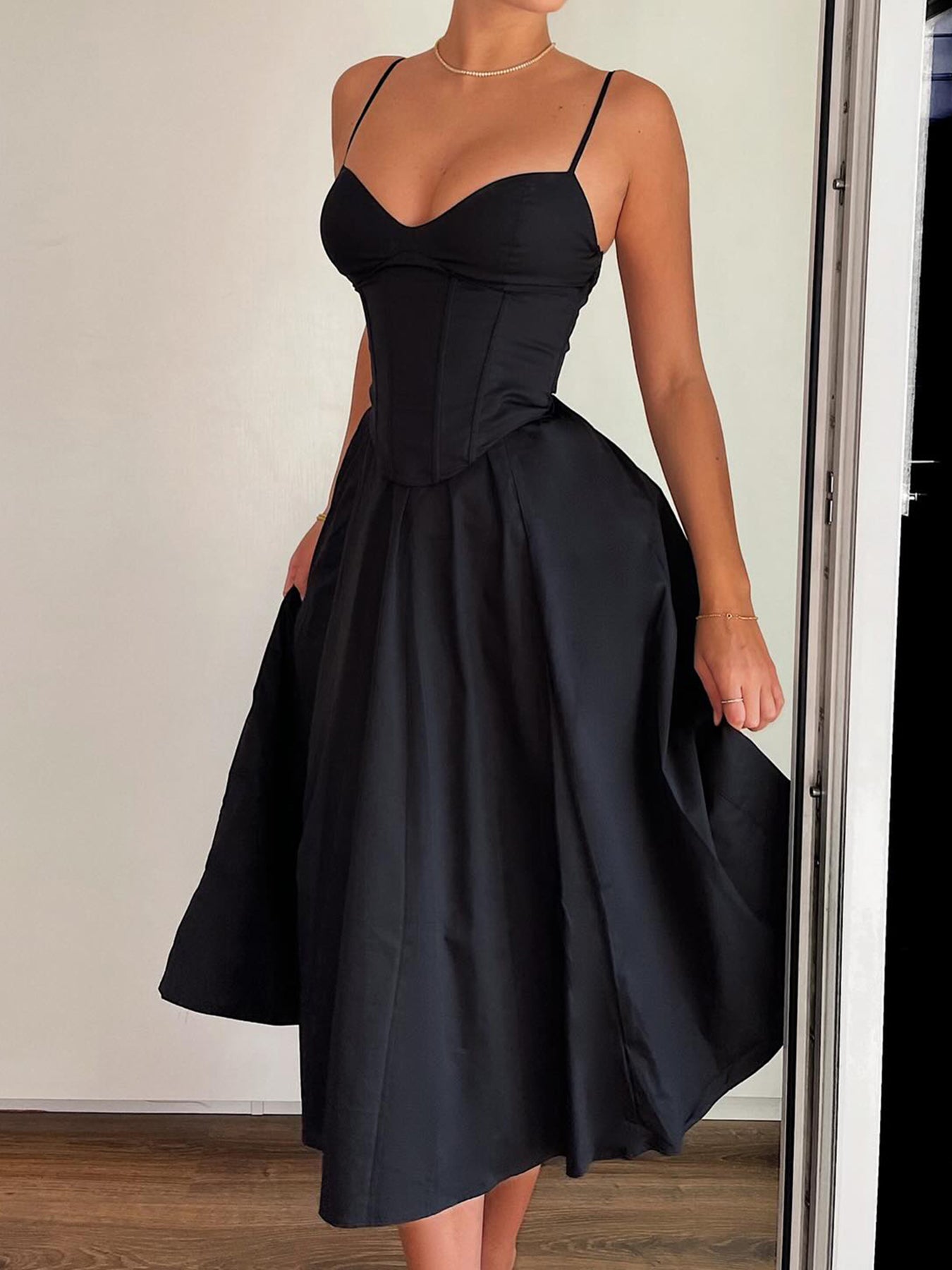 Aiertu - summer inspo Hot Sleeveless Fit And Flare Elegant Fashion Spaghetti Straps Dresses Women Black Solid Sexy Birthday Evening Party Dress Aiertu