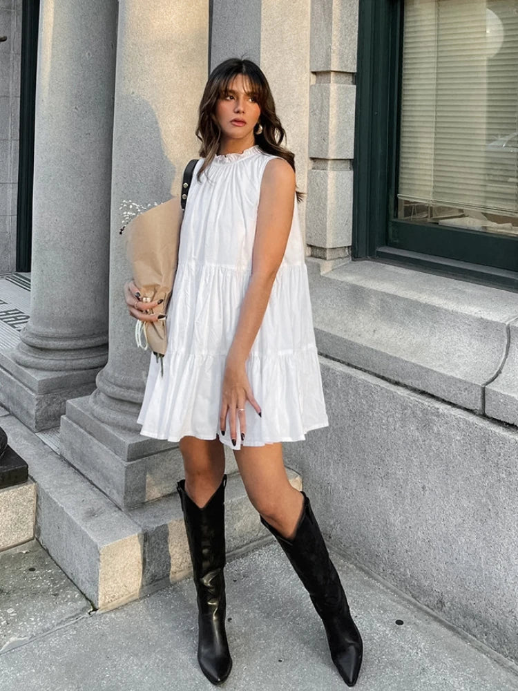 Aiertu  -  Summer Cotton A-line Loose Ruffles White Dress Women Casual O-neck Lace-up Sleeveless Mini Dress Female Holiday Party Dress 2025 Aiertu