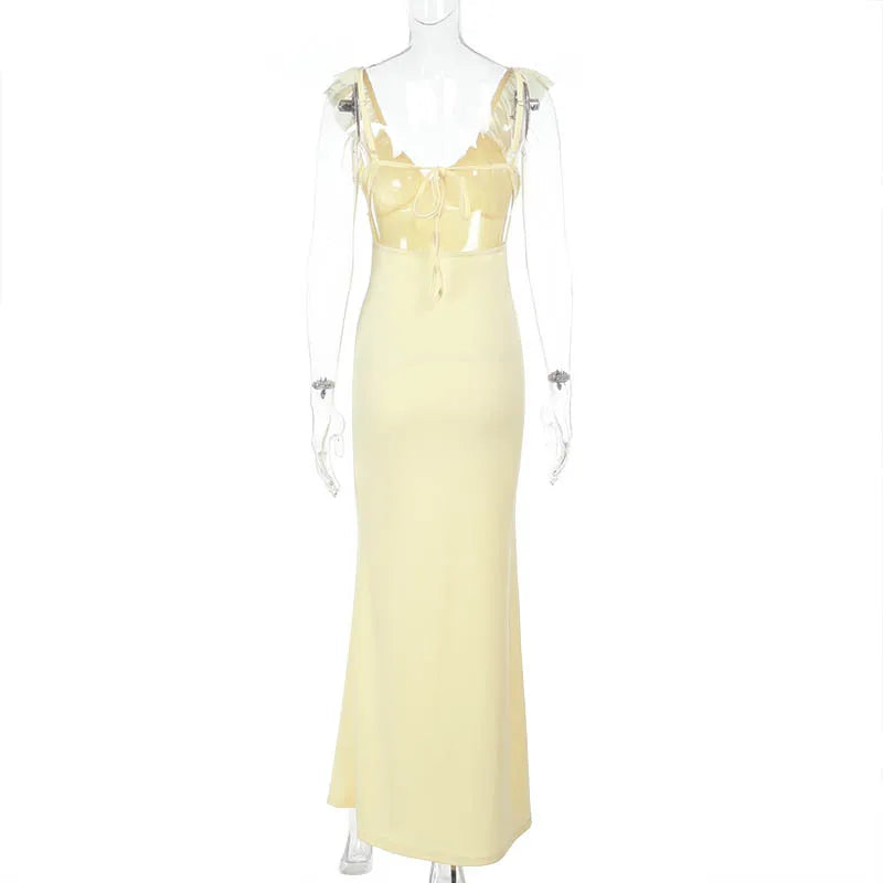 Aiertu  -  Women Ruffle Trim Cami Dress Slim Solid Color Deep V Neck Open Back Tie Long Evening Dress for Party Clubwear Aiertu