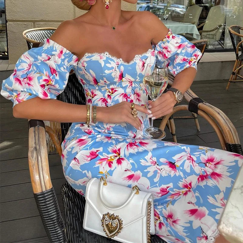 Aiertu  -  Women Sexy Strapless Lace Long Party Dress Spring Floral Print Slim Bodycon Hip Dress Autumn Off Shoulder Puff Sleeve Maxi Dress Aiertu