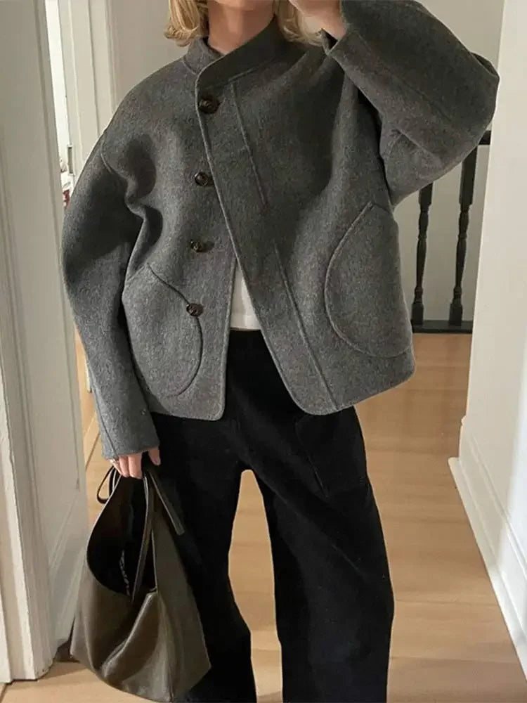 Aiertu  -  Women Solid Blends Bomber Coat Fashion Loose Single Breasted Long Sleeve Pockets Female Jackets 2026 Chic Lady Commuter Coats Aiertu