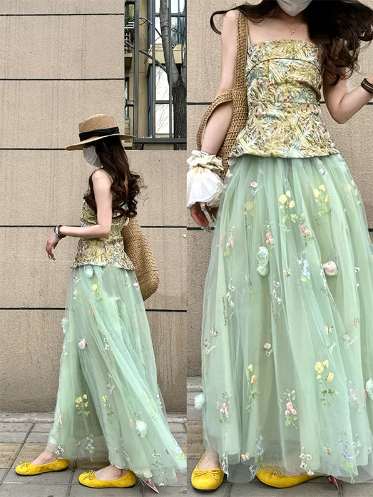 Aiertu  -  Summer stunning outfit set women's seaside vacation style floral strapless top green camisole dress two-piece set Aiertu