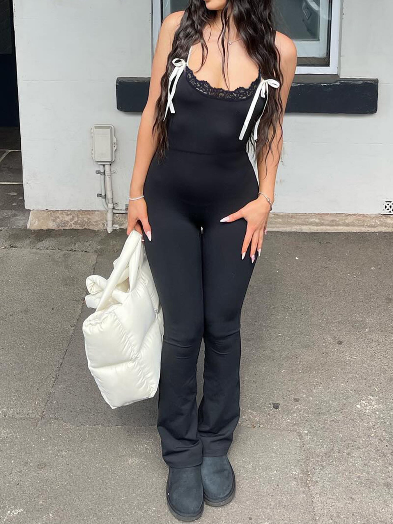 Aiertu - summer inspo Black Solid Sleeveless Skinny Sexy Flared Jumpsuits Women Lace Trim Tie Bow Cute Sweet Y2K Slip Rompers Aiertu