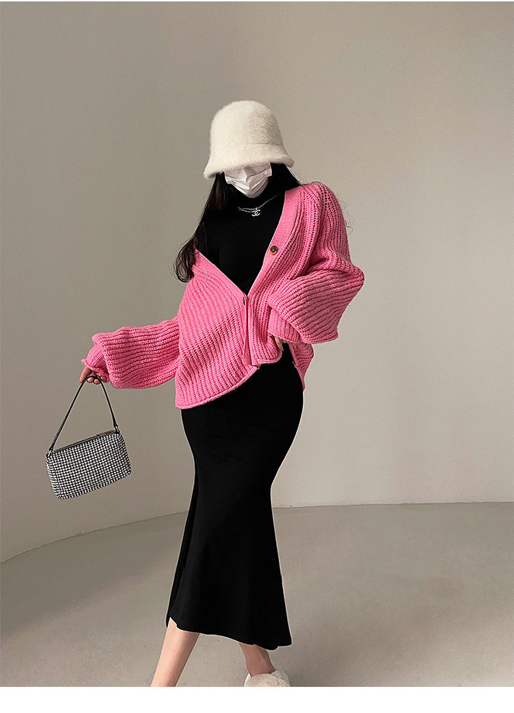 Aiertu Solid Color Long Sleeve Knitted Long Sleeve Button Up Sweater Aiertu