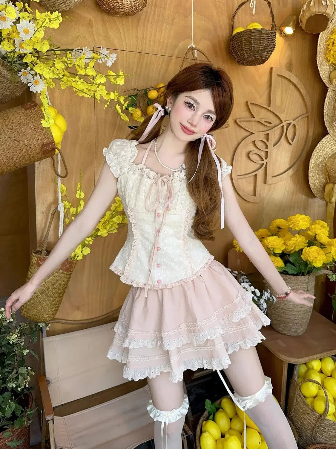 Aiertu  -   Summer Sweet Girls Two Piece Skirt Sets Lace Splicing Puff Sleeve Slim Shirt Tops + High Waist A Line Mini Skirt Outfits Aiertu