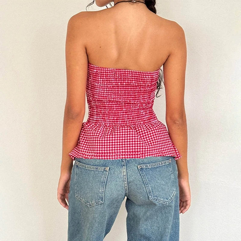 Aiertu  -  Peplum Hemline Strapless Crop Tops Women Tube Top Bandeau Y2K Plaid Print Backless Vest Button Closure Slim Fit Summer Clothes Aiertu