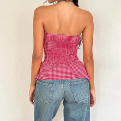 Aiertu  -  Peplum Hemline Strapless Crop Tops Women Tube Top Bandeau Y2K Plaid Print Backless Vest Button Closure Slim Fit Summer Clothes Aiertu