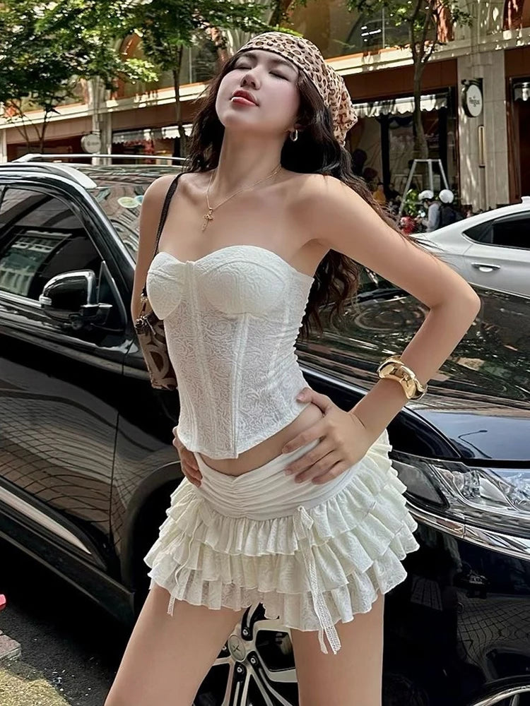 Aiertu  -  Sweet Ruched Elegant 2 Piece Set Women Summer Trend Jacquard Strapless Tops+Tierred Skirts Sweet Girl Fashion Outfits Aiertu