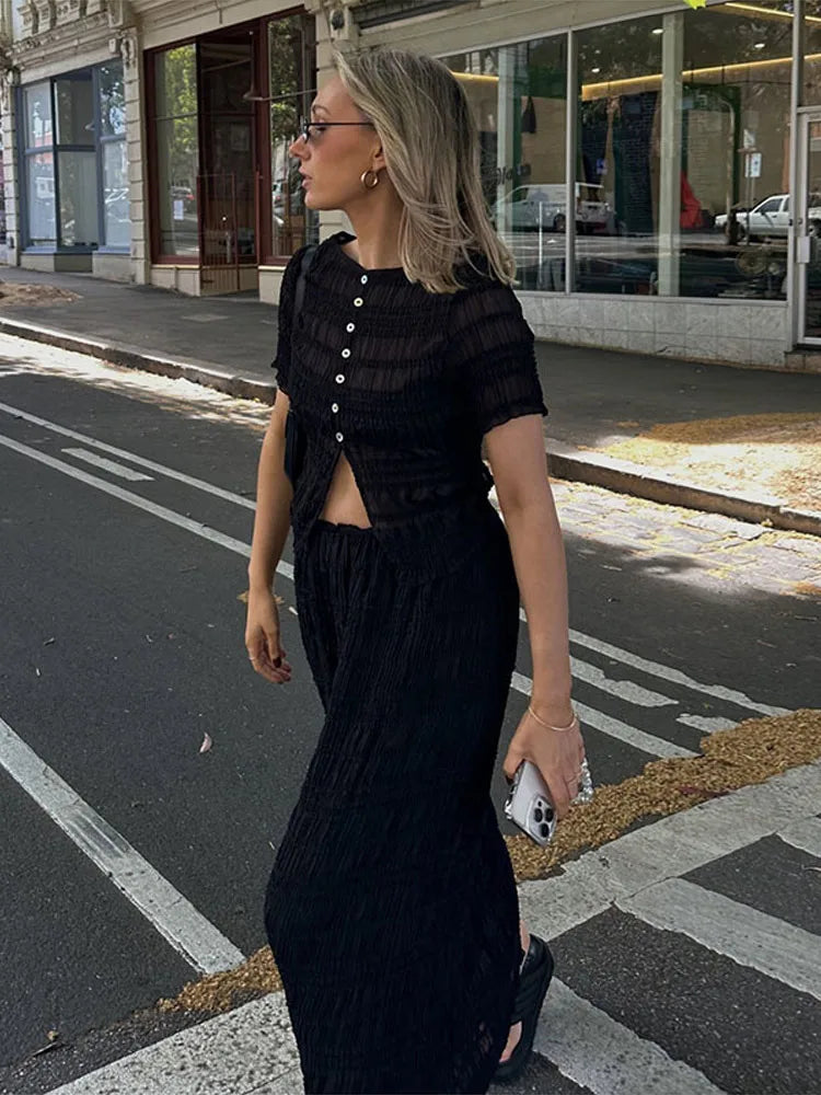 Aiertu  -  Elegant 2 Pieces Suit Women O-neck Short Sleeve Single Breasted Shirt Pleated Long Skirt Female Set 2025 Spring Summer Lady Sets Aiertu