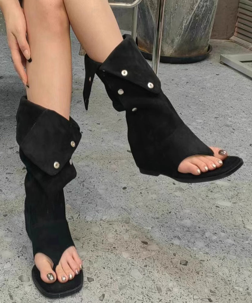 Aiertu  Simple Splicing Wedge Thong Sandals Boots Peep Toe Black Suede Aiertu