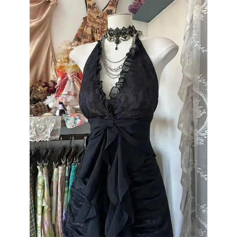 Aiertu  -  Y2K Black Lace Midi Dress Women Party Sexy Halter Ruffles Dresses Summer Vintage Korean V Neck Backless Bodycon Vestidos Aiertu
