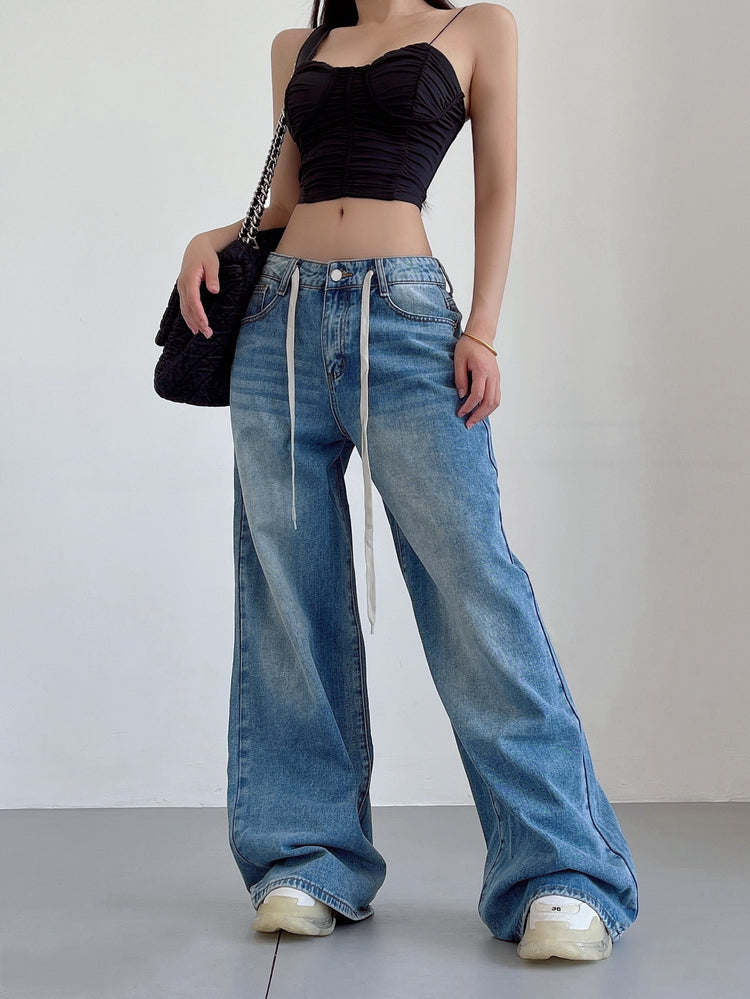 Aiertu Denim Blue Washed Low Rise Straight Leg Jeans Pants Aiertu