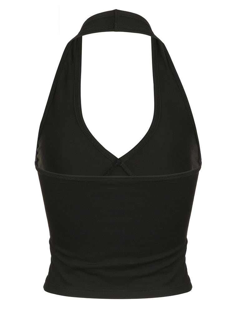 Aiertu - summer inspo Hot Backless Sexy Halter Tops Women Black Solid Basic V Neck Slim Tank Vest Elegant Crop Top Rave Summer Streetwear Shirts Aiertu