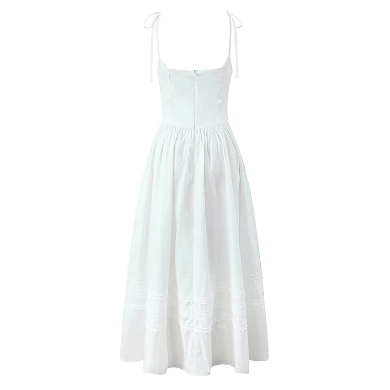 Aiertu  -  2025 Women Sexy Spaghetti Straps Black White Midi Long Dress Lace Trim Low Waist A-line Elegant Lady Dresses Summer Cotton Robe Aiertu