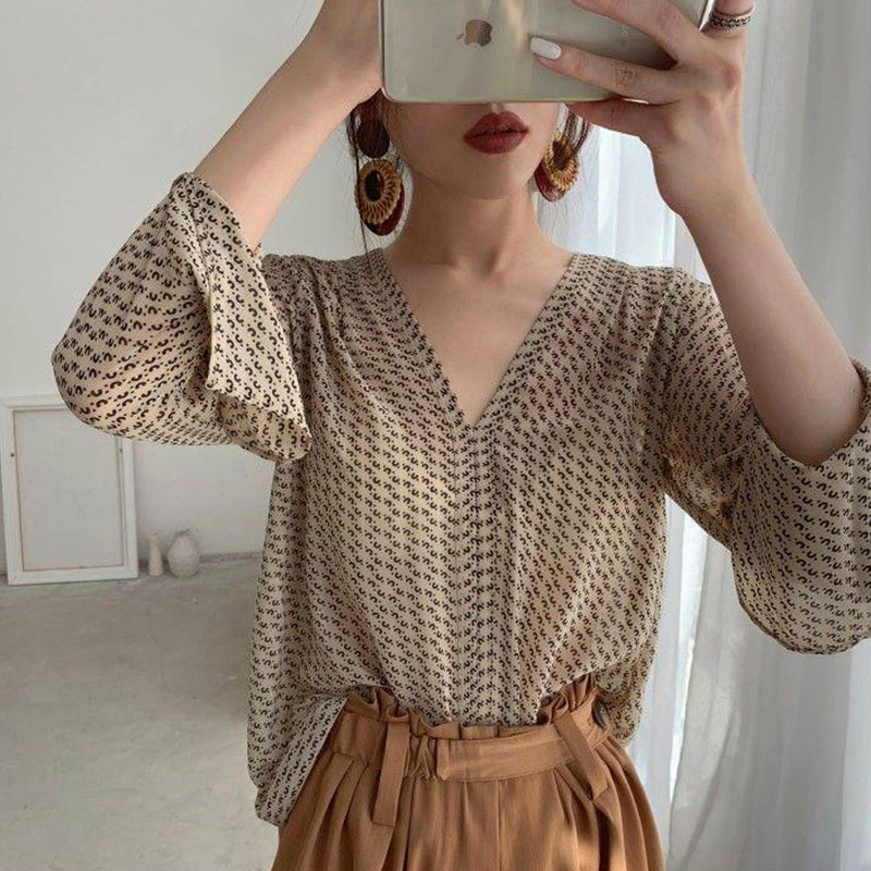 Aiertu Vintage Blouses Women Elegant V Neck Print Long Sleeve Loose Shirts Office Lady Casual Chiffon Chic Sun Protection Tops Aiertu