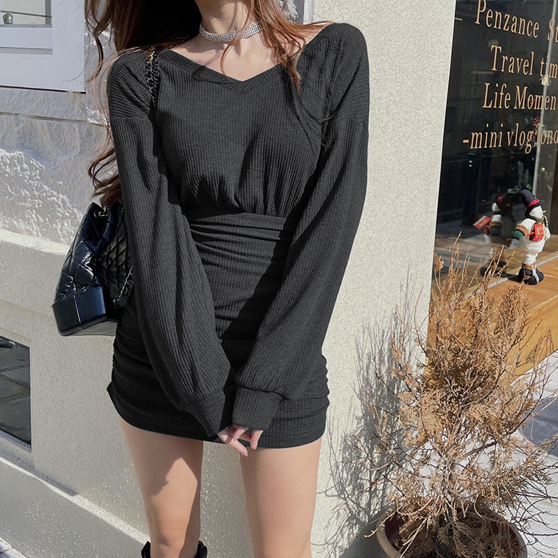 Aiertu - Split Long Sleeve Knit Mini Dress Aiertu