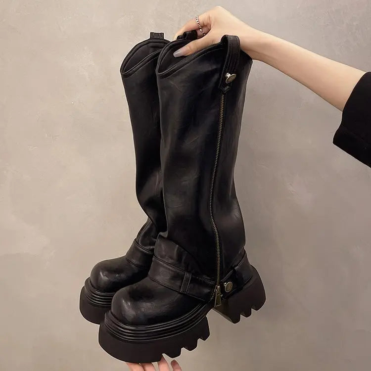 Aiertu    -  Autumn Women's Knee High Boots Western Round Toe Long Boots Women Western Shoes Chunky Heel Platform Women Aiertu