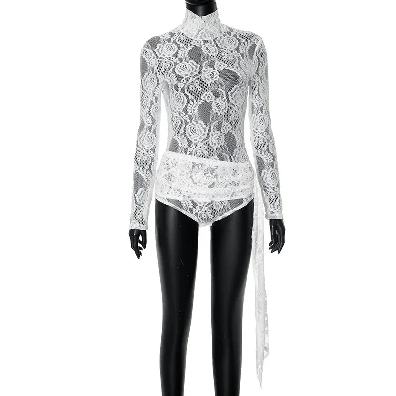 Aiertu  -  Lace Splice Sexy See Through Slim Bodysuits For Women Lace Up Patchwork Irregular Long Sleeve Bodysuits Fashion Female Aiertu