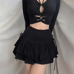 Aiertu Y2K Black Skirt Women Streetwear Gothic Harajuku Ruffle High Waist Bandage A-line Mini Skirt Goth Punk Grunge Clothes Aiertu