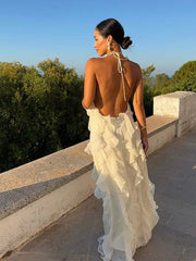 Aiertu  -  Chic Ruffle Hem Dress Women Halter Sleeveless Backless Lace Up Floor-length Dresses Female 2025 Spring Summer Fashion Lady Robe Aiertu