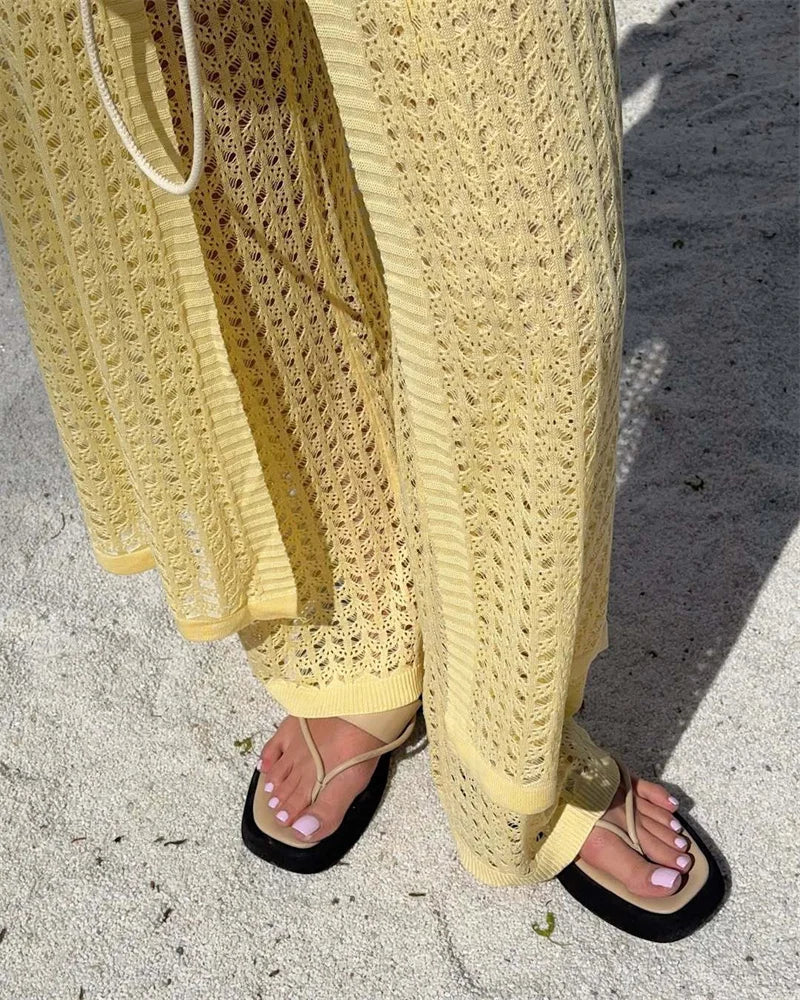 Aiertu  -  Knit Vest Cardigan Beach Dress Long Pants 2 Pieces Sets For Women Hollow Out Sexy See Through Cardigan Long Pants Sets Aiertu
