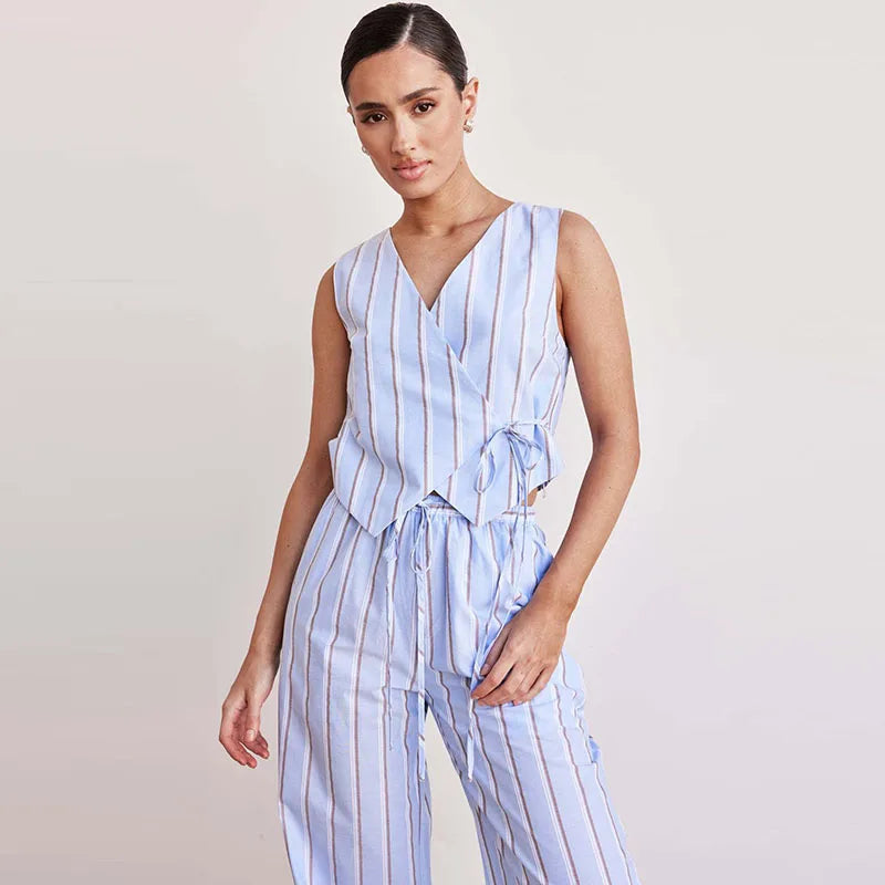Aiertu  -  Fashion Striped Long Pants Set Lady V-neck Sleeveless Cross Lace Up Vest Top Loose Straight Trousers 2 Piece Sets Women Outfit Aiertu