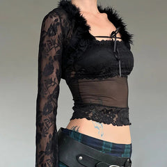 Aiertu  -  party look snspos Y2K Black Lace Patchwork Fur Two Piece Set Transparent Sexy Tube Top and Long Sleeve Smock  Matching Sets Lady Spring Aiertu
