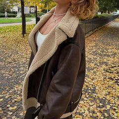 Aiertu  -  Women Faux Lamb Fur Leather Short Jacket Lapel Zipper Bomber Outwear Faux Suede Lapel Coat Warm Biker Motor Aviator Coat Aiertu