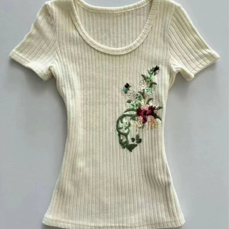 Aiertu  -  Sweet Knitted Harajuku Flower Embroidery T-shirts Vintage Bodycon Grunge Fairy Tops Women 2025 Summer Y2k Aesthetic Apricot Tees Aiertu