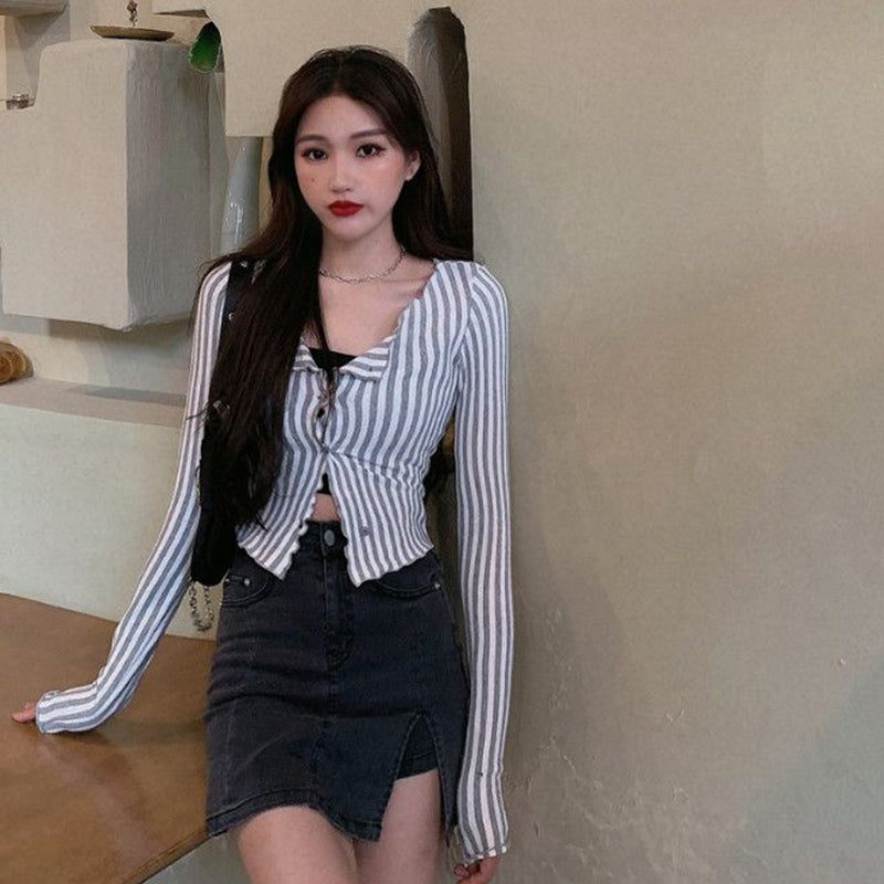 Aiertu Vintage Striped Shirts Women Y2K Tunic Slim Crop Tops Streetwear Korean Harajuku Long Sleeve Skinny Casual Blouses New Aiertu