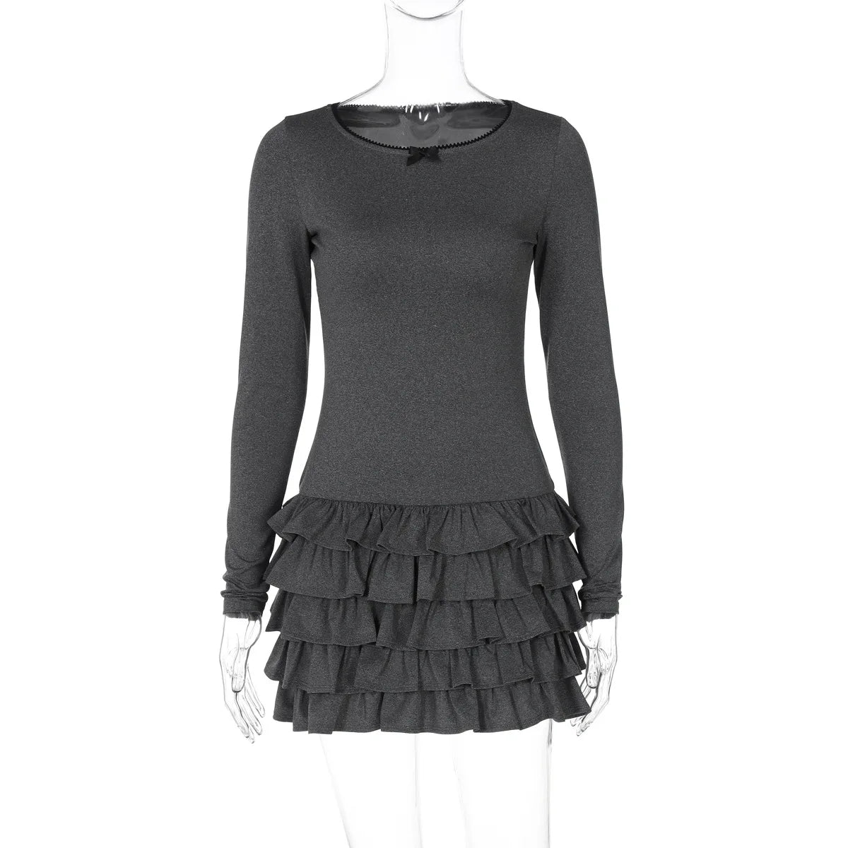 Aiertu  -  Fashion Ruffled Mini Dress For Women O Neck Bows Frill Dress Slim Long Sleeve Club Casual Party Dress Vestido 2025 New Aiertu