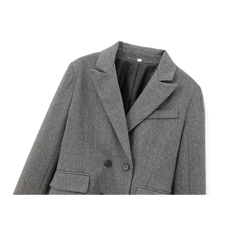 Aiertu  -  High Street Women Gray Double Breasted Elegant Crop Blazer Long Sleeve Lapel Collar  Business Suit Jacket Aiertu